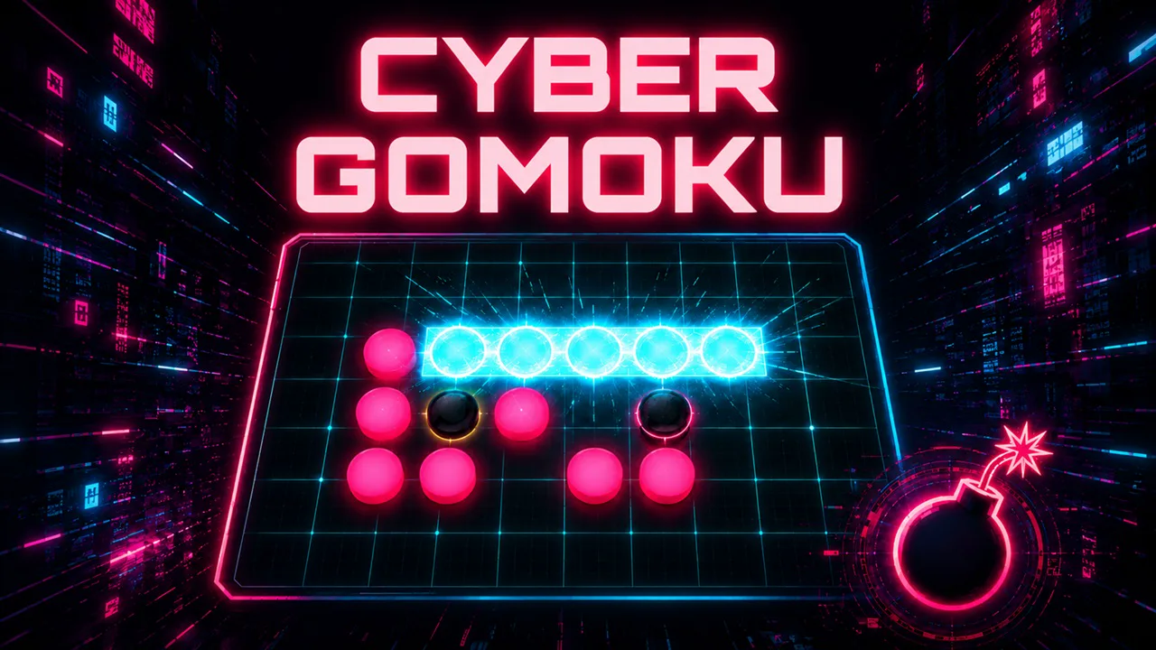 サイバー五目のネオン調ゲーム盤と爆弾アイテムを描いたキービジュアル